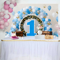 Lofaris 1st Birthday Cake Smash Backdrop, Blue Balloon Arch with Floral Wreath and Large Blue Number 1