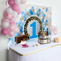 Lofaris 1st Birthday Cake Smash Backdrop, Blue Balloon Arch with Floral Wreath and Large Blue Number 1