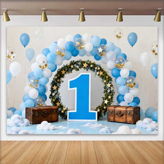 Lofaris 1st Birthday Cake Smash Backdrop, Blue Balloon Arch with Floral Wreath and Large Blue Number 1