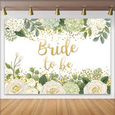 Lofaris Bride to Be Backdrop for Bridal Shower, White Floral and Green Leaves with Gold Glitter Decoration