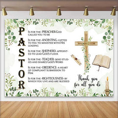 Lofaris Pastor Appreciation Day Backdrop, Religious PASTOR Poem with Wooden Cross and Bible Decoration
