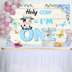 Lofaris Holy Cow I am One Birthday Backdrop, Blue Floral Cow Theme for Boy 1st Birthday Cake Smash