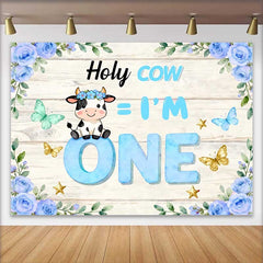 Lofaris Holy Cow I am One Birthday Backdrop, Blue Floral Cow Theme for Boy 1st Birthday Cake Smash
