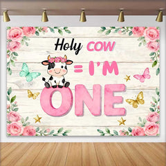Lofaris Holy Cow I am One Birthday Backdrop, Pink Floral Cow Theme for Girl 1st Birthday Cake Smash