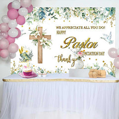 Lofaris Happy Pastor Appreciation Day Backdrop, Wooden Cross with Lilies and Doves Church Decoration