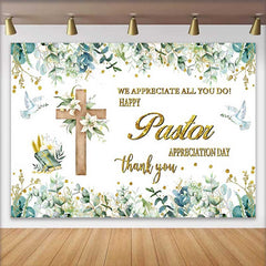 Lofaris Happy Pastor Appreciation Day Backdrop, Wooden Cross with Lilies and Doves Church Decoration