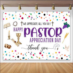 Lofaris Happy Pastor Appreciation Day Backdrop, Colorful Confetti with Religious Icons for Church Party