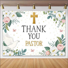 Lofaris Pink Floral Gold Cross Thank You Pastor Backdrop, Dove Church Appreciation Event Decor, Photography Background