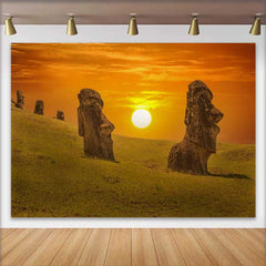 Lofaris Easter Island Moai Statues Sunset Landscape Backdrop, Ancient Wonders Scenery Event Photography Background