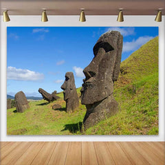 Lofaris Easter Island Moai Statues Grassy Hill Backdrop, Ancient Relics Nature Landscape Photography Background