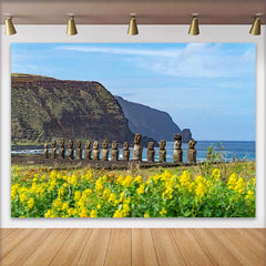 Lofaris Row of Moai Statues Ocean Coastal Scenery Backdrop, Easter Island Historic Landscape Photography Background