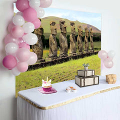 Lofaris Seven Moai Statues Green Meadow Landscape Backdrop, Easter Island Historic Site Event Photography Background