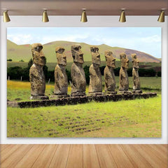 Lofaris Seven Moai Statues Green Meadow Landscape Backdrop, Easter Island Historic Site Event Photography Background