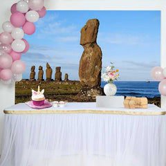 Lofaris Coastal Easter Island Moai Statue Ocean Scenery Backdrop, Ancient Historic Site Landscape Photography Background