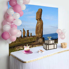 Lofaris Coastal Easter Island Moai Statue Ocean Scenery Backdrop, Ancient Historic Site Landscape Photography Background