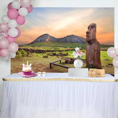 Lofaris Sunset Easter Island Moai Statue Mountain Backdrop, Ancient Historic Ruins Landscape Photography Background