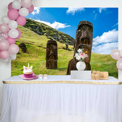 Lofaris Easter Island Giant Moai Statues Grass Hill Backdrop, Ancient Historic Relics Landscape Photography Background