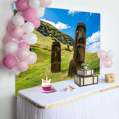 Lofaris Easter Island Giant Moai Statues Grass Hill Backdrop, Ancient Historic Relics Landscape Photography Background