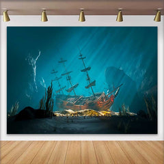 Lofaris Sunken Pirate Ship Underwater Backdrop, Deep Sea Treasure Adventure Party Decorations, Photography Background
