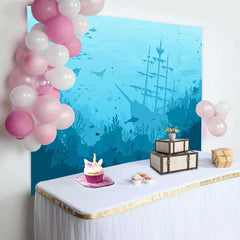 Lofaris Blue Teal Underwater Sunken Ship and Marine Life Natural Scenery Backdrop, Deep Ocean Adventure Party Decor