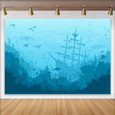 Lofaris Blue Teal Underwater Sunken Ship and Marine Life Natural Scenery Backdrop, Deep Ocean Adventure Party Decor