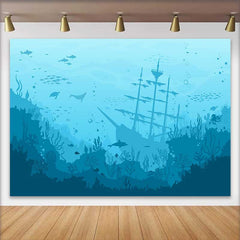 Lofaris Blue Teal Underwater Sunken Ship and Marine Life Natural Scenery Backdrop, Deep Ocean Adventure Party Decor
