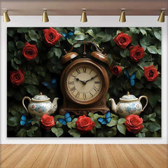 Lofaris Enchanted Garden Wedding Backdrop with Vintage Clock, Red Roses and Blue Butterflies for Romantic Events