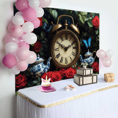 Lofaris Enchanted Garden Wedding Backdrop with Vintage Clock, Red Roses and Blue Butterflies Teapots