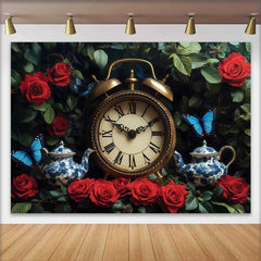 Lofaris Enchanted Garden Wedding Backdrop with Vintage Clock, Red Roses and Blue Butterflies Teapots