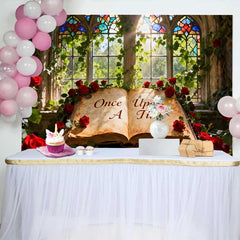 Lofaris Enchanted Once Upon A Time Fairy Tale Wedding Backdrop with Red Roses, Stained Glass Window for Romantic Events