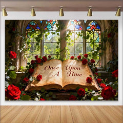 Lofaris Enchanted Once Upon A Time Fairy Tale Wedding Backdrop with Red Roses, Stained Glass Window for Romantic Events