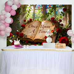 Lofaris Once Upon A Time Storybook Wedding Backdrop with Red Roses, Enchanted Stained Glass Window Decor