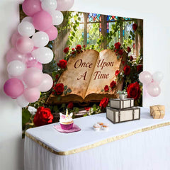 Lofaris Once Upon A Time Storybook Wedding Backdrop with Red Roses, Enchanted Stained Glass Window Decor