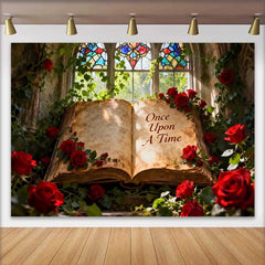 Lofaris Once Upon A Time Storybook Wedding Backdrop with Red Roses, Stained Glass Window for Romantic Fairytale Decor