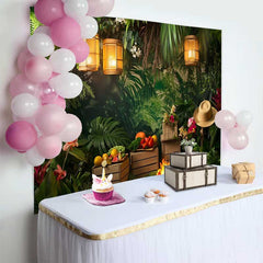 Lofaris Vibrant Tropical Jungle Birthday Cake Smash Backdrop, Lush Greenery with Campfire and Lanterns for Photoshoot