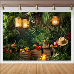 Lofaris Vibrant Tropical Jungle Birthday Cake Smash Backdrop, Lush Greenery with Campfire and Lanterns for Photoshoot