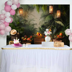 Lofaris Lush Green Jungle Birthday Cake Smash Backdrop, Rustic Campfire and Warm Lanterns for Photoshoot