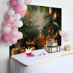Lofaris Lush Green Jungle Birthday Cake Smash Backdrop, Rustic Campfire and Warm Lanterns for Photoshoot