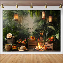 Lofaris Lush Green Jungle Birthday Cake Smash Backdrop, Rustic Campfire and Warm Lanterns for Photoshoot