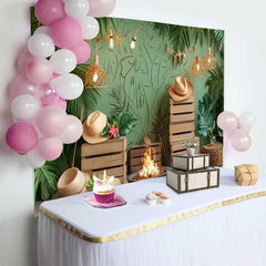 Lofaris Lush Tropical Green Birthday Cake Smash Backdrop, Boho Jungle Leaves and String Lights for Party