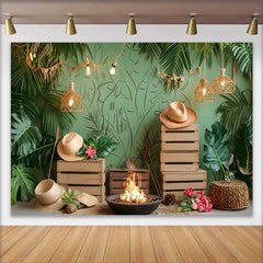 Lofaris Lush Tropical Green Birthday Cake Smash Backdrop, Boho Jungle Leaves and String Lights for Party
