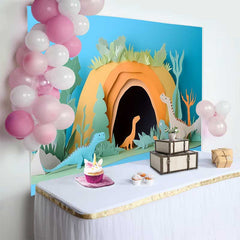 Lofaris Cute Paper Cut Dinosaurs Prehistoric Cave Birthday Cake Smash Backdrop, Jungle Foliage Baby Birthday Party Decor