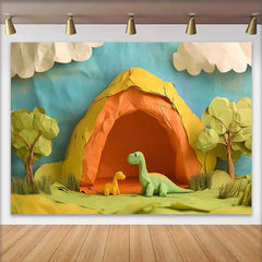 Lofaris Adorable Papercraft Dinosaur Birthday Cake Smash Backdrop, Prehistoric Cave and Green Jungle Party Decor
