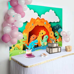 Lofaris Vibrant Cartoon Dinosaur Birthday Cake Smash Backdrop, Prehistoric Jungle Cave Party Decor