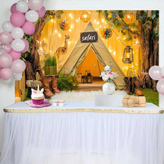 Lofaris Safari Tent and Trees Birthday Cake Smash Backdrop with Giraffe String Lights, Wild One Adventure Party Decor