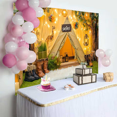 Lofaris Safari Tent and Trees Birthday Cake Smash Backdrop with Giraffe String Lights, Wild One Adventure Party Decor