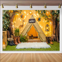 Lofaris Safari Tent and Trees Birthday Cake Smash Backdrop with Giraffe String Lights, Wild One Adventure Party Decor