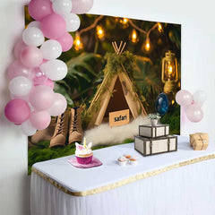 Lofaris Cozy Woodland Safari Birthday Cake Smash Backdrop, featuring a Mossy Teepee, Lantern and Boots