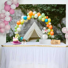 Lofaris Vibrant Balloon Arch and Teepee Tent Birthday Cake Smash Backdrop, Outdoor Rustic Photo Shoot Decor