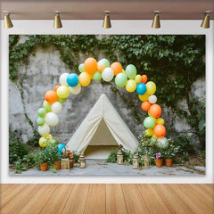 Lofaris Vibrant Balloon Arch and Teepee Tent Birthday Cake Smash Backdrop, Outdoor Rustic Photo Shoot Decor